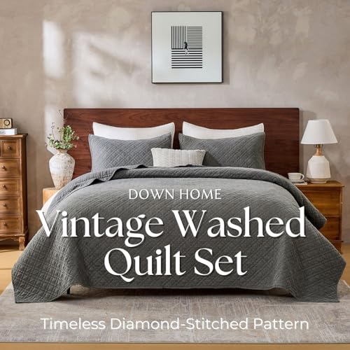 King Quilt Set with Shams Lightweight Quilted Bedspread Coverlet Thin Comforter Bed Cover Vintage Washed Quilted Blanket for All Season, Brushed Microfiber Diamond Stitching, Ash Gray, 104"x92" by DOWN HOME - Image 2