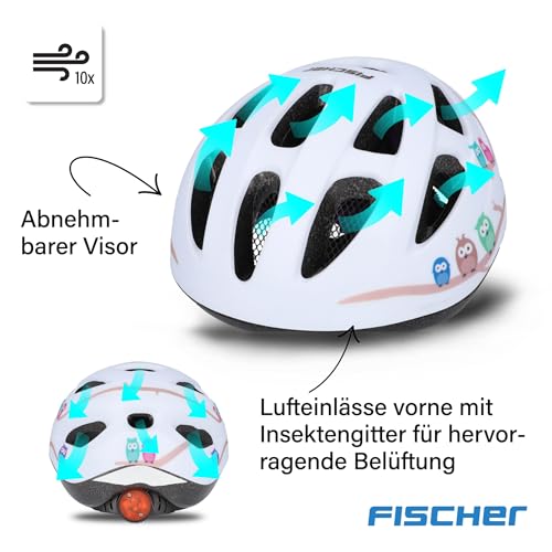 FISCHER Kinderhelm, Fahrradhelm, Jugendhelm Eule, S/M, 55-59cm, wei&szlig;, hochfeste EPS-Schale, T&Uuml;V-Zertifiziert