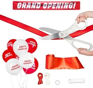 Crutello Deluxe Giant Ribbon Cutting Ceremony Kit 21" Giant Scissor Set, Sharp, Silver Handled XL Scissors, 30ft of 4" Wide Red Ribbon, 10ft Banner, 10 Red & 10 White Balloons, Banner Rope, Balloon