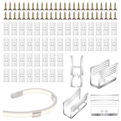 Neon Led Strip Light Mounting Clips, 50Pcs Rope Light Mounting Clips and 50Pcs Screws, Neon Lights Install Fixing Clip Accessories for 6x12mm Silicone Led Flex Strip Lighting, DIY