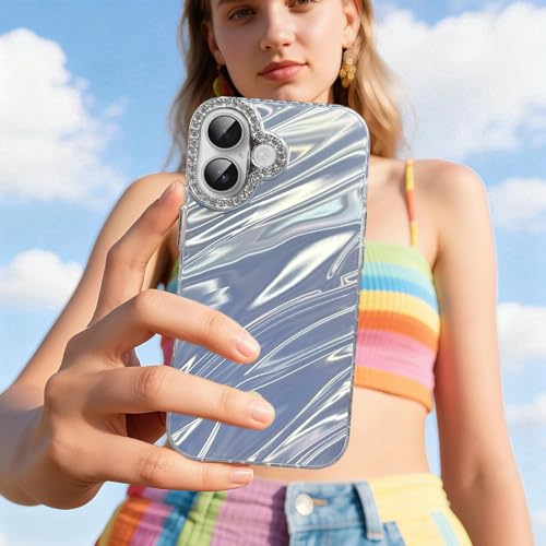Image of Elzzi Compatible with iPhone 16 Case | Marble Glossy Hard PC Back Cover with Diamond Camera Protector | Ultra Stylish Shockproof Back Cover Case for Girls Women-Sky