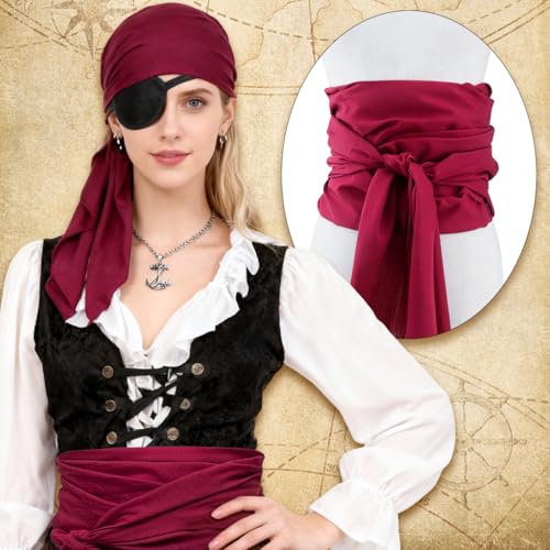 HUKUMA Disfraz Pirata Mujer, Accesorios Pirata Carnaval, Disfraces Piratas Halloween,Caribe Disfraces adultos, Pañuelo Parche Ojo Faja Pendientes Anillos Pulseras Collares - imagen 4