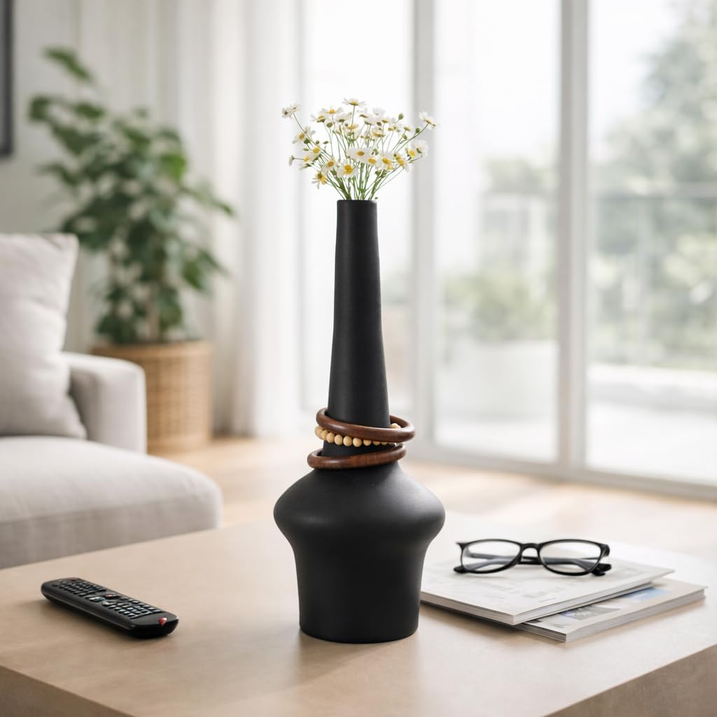 Large Decorative Vase with Wood Beads for Living Room Decor - Tall Flower Vase for Home Centerpiece, Bedroom Vanity, and Kitchen Counter - Accent Display for Office Tabletop - 21", Black & Brown