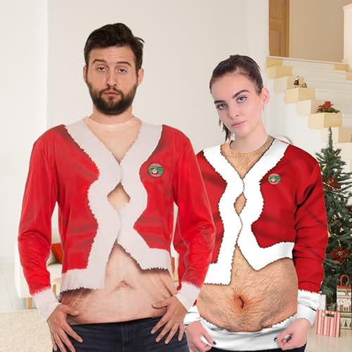 BOVOSHA Hässliche Weihnachtspullover Dame Herren Für Pärchen Lustig Xmas 3D Sweatshirt Haariger Bauch (Rot, 3XL)