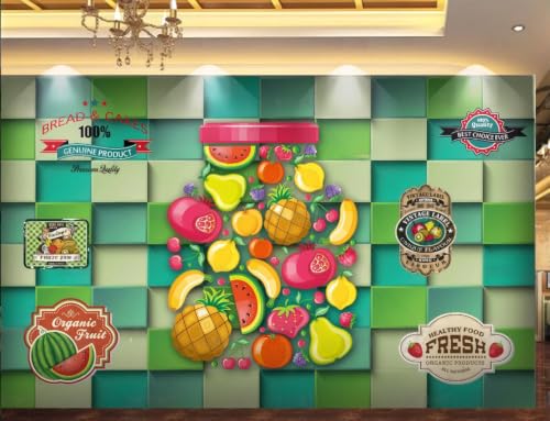 Papel tapiz de pared verde a cuadros y mural de cafetería estilo puesto de frutas 3D 3