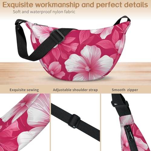 Crossbody Crescent Bag, Dumpling Bag, Pink Hibiscus Floral Crescent Shoulder Bag, Casual Lightweight Crescent Crossbody Bags with Adjustable Strap4