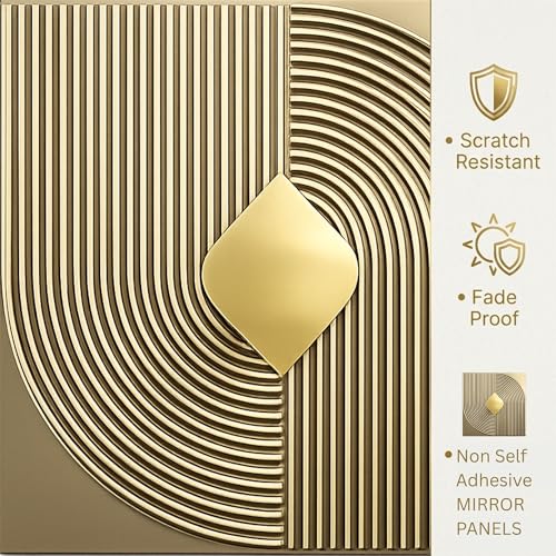 Image of Kayra Decor 3D PVC Wall Panels with Acrylic Finish for Bedroom & Living Room, Curve Line Design Champagne Gold, 19.7 x 19.7 Inch, Pack of 40 (107.6 Sq Ft)
