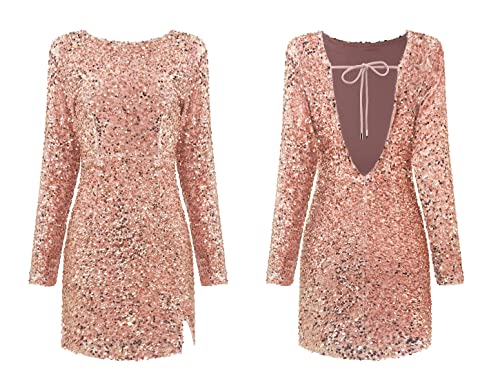 Image of R.Vivimos Women's Sequin Bodycon Dress Fall Winter Velvet Warm Long Sleeve Crew Neck Sexy Backless Glitter Slit Mini Dress