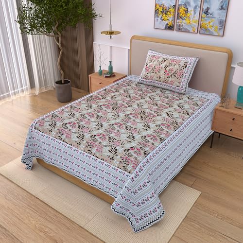Image of 100% Cotton Single Bedsheet with 1 Pillow Cover | 240 TC Pure Cotton Flat Bed Sheet | Traditional Jaipuri Printed Bedding Set | Soft & Breathable | 60 x 90 Inch (Rangmahal Single 22)