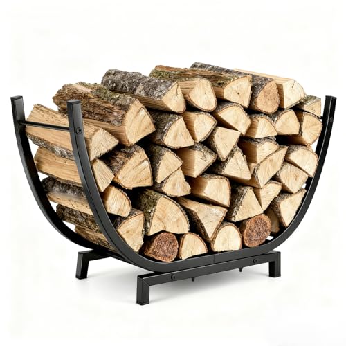 Gjmrar Estante semicircular para leña, negro, 25 pulgadas, resistente, soporta 330 libras, acero al carbono inoxidable, almacenamiento de madera para interiores y exteriores, para chimenea, patio