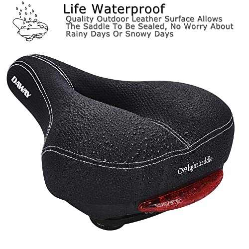 DAWAY C99 Men Women Bike Seat - Comfortable Memory Foam Padded Bicycle Saddle with Taillight, Waterproof Wide Leather Cushion, Dual Spring Suspension, Shock Absorbing, Fits Road, MTB, Exercise Bikes
