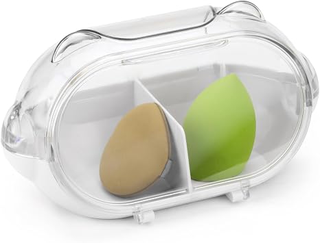 Makeup Sponge Holder, 2 Compartments Qtip Holder with Front Lid, Bathroom Vanity Organizer for Beauty Sponge Blender, Face Power Puff, Cotton Ball, Swab, Round Pads