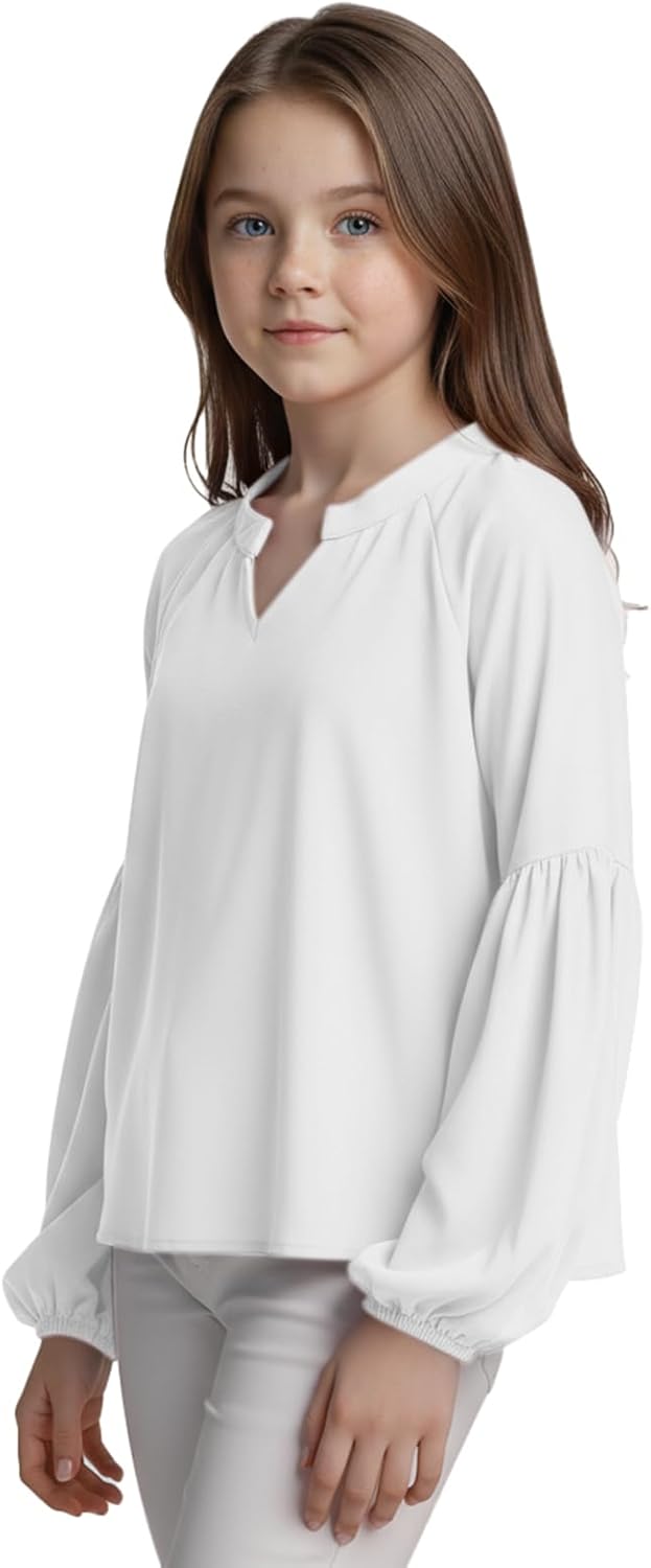 Noomelfish Girls Long Sleeve Shirts Chiffon Blouses Kids Cute V Neck Casual Loose Tops Tee (7-14 Years) - Image 3