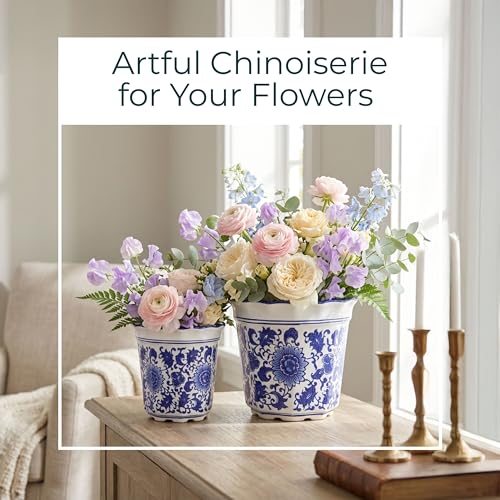Decorative Flower Pots for Home Decor – Elegant Plant Pots and Pots for Plants, Planters for Outdoor Plants or Indoor Plants, Ceramic Design for Plant Stand Indoor, Set of 2 – 8", Blue/White by NESS AND JORD - Used condition - Image 3