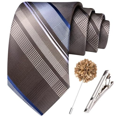 Image of Hi-Tie 63 inches Striped Paisley Extra Long Ties for Men Silk Necktie with Lapel Pin Tie Clip Big and Tall Men Formal Wedding