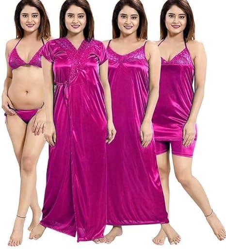 Women's Satin Nighty Nightwear Set Wrap Gown Top, Shorts Bra & Panty in Combo (Pack of 6 Pcs)-image-26