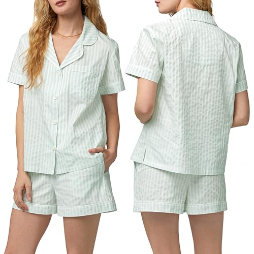 Image of Bed Head PJs Women's Short Sleeve Woven Cotton Sateen Shorty Pajama Set - Organic, Soft, Lightweight, Classic Fit Sleepwear