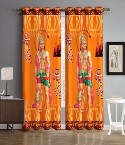 Image of KALIYO Hanuman JI Printed Curtains for Home & Mandir | 3D Digital Print Spiritual Curtains | Light Filtering Polyester Door & Window Curtains | Pooja Room Decor | 5FT(1 Piece)