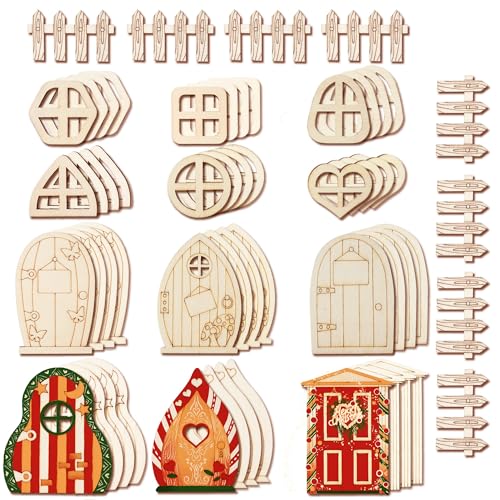 Halandar 56 Pcs Fairy Door & Window Craft Kit - Wooden Garden Doors, Mini Fences, Unpainted Miniature Accessories for Home Party Event Decor - DIY Fairy House Decorations (Classic)
