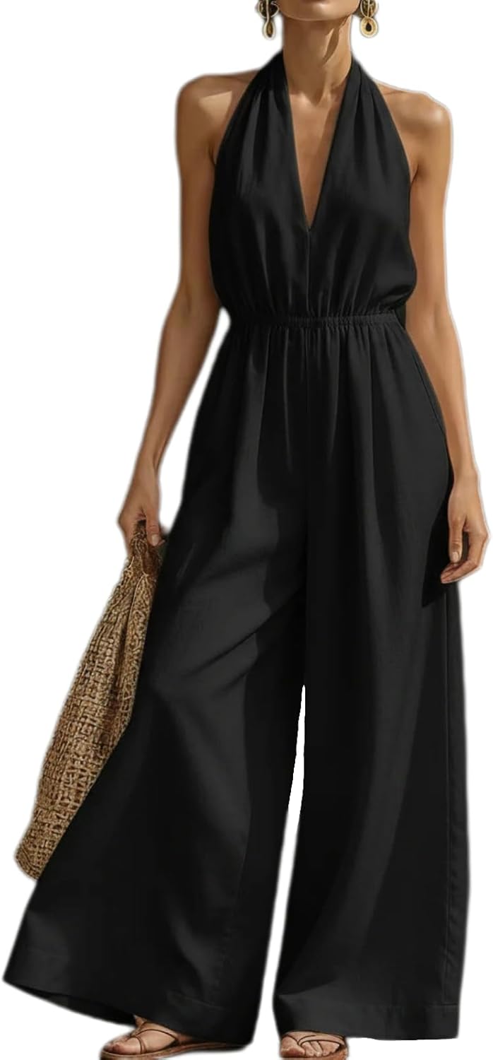 Women's Wide Leg Halter V Neck Sleeveless Jumpsuits Dressy Casual Elegant Cute Flowy Comfy One Piece Outfits