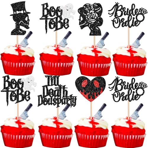 Rsstarxi 24 Pack Halloween Bachelorette Cupcake Toppers Glitter Ghost Bride or Die Boo To Be Ring Cupcake Picks for Halloween Horror Theme Birthday Engagement Party Cake Decorations