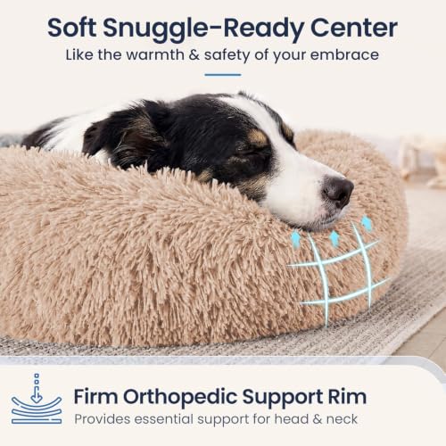 Image of JOLLYVOGUE Calming Washable Dog Bed Medium Size Dog, 31 Inch Donut Medium Dog Bed with Removable Cover, Anti-Slip Round Fluffy Faux Fur Bed, Fits up to 45 lbs Pets, Camel