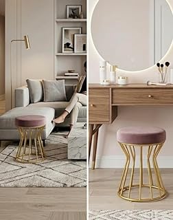 BRICONEX Round Velvet Ottoman Seatting Stool Foot Rest Vanity Dressing Stool with Gold Metal Legs Modern Upholstered Foots...