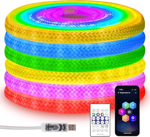 ShineBurky Striscia LED Neon 360 Gradi Rotonda RGB+IC 5M, 5V USB Flessibile IP67 Impermeabile con Funzione Timer Sincronizzazione Musicale Controllo APP per Gazebo Colonne Pietra Decorazione Esterna