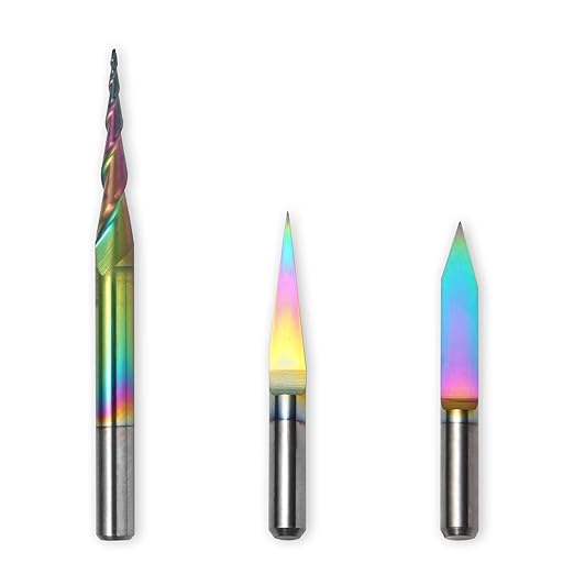 3PCS V-Shape Tapered Ball Nose End Mills for Aluminum, Copper, Brass Engraving and Other Metals Carving, Chromatic Coating CNC Bits, 1/8''(3.175mm) Shank, EM03A