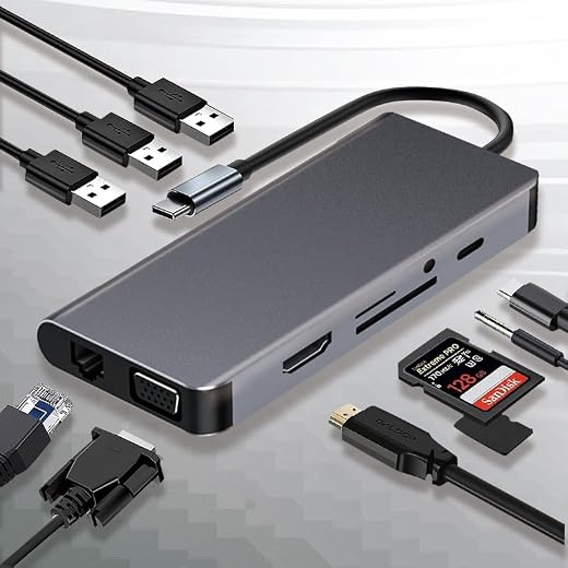 USB C Hub Docking Station HDMI Adapter,10 in 1 USB C Hub Multiport Adapter,w/gigabit Ethernet,VGA,HDMI,3 USB,SD/TF Card Reader,Audio,USB C Data Port,Docking station for various of notebook computers
