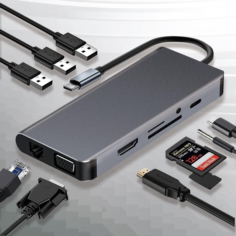 Station d'accueil USB C 10 en 1 avec adaptateur HDMI VGA et Ethernet Gigabit pour PC portable
