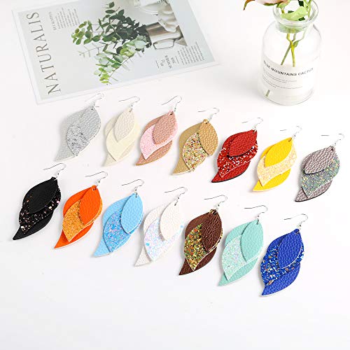 Sntieecr 14 Pairs Leather Earrings 3 Layered Lightweight Faux Leather Leaf Earrings Layered Design Drop Earrings Glitter Dangle Earring Gift Set For Women #TOP6