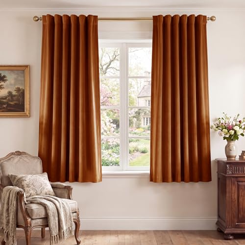 Image of Burnt Orange Velvet Curtains Back Tab Boho Drapes, W52xL63, 2 Pcs | Thermal Insulated, Window Back Tab Pinch Pleat Boho Vintage Drapes for Bedroom, Elegant Privacy, Home Decor for Sliding Door