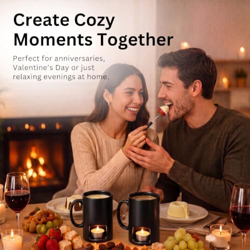 Evelots 2-Pack Fondue Cheese & Chocolate Mugs, 4 Forks, 8 Candles, Black - 3