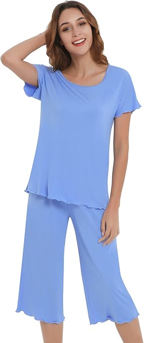 NACHILA Bamboo Pajamas for Women Soft Pajama Sets Short Sleeve Sleepwear Top with Capri Pants Pjs Plus Size Loungewear S-4X