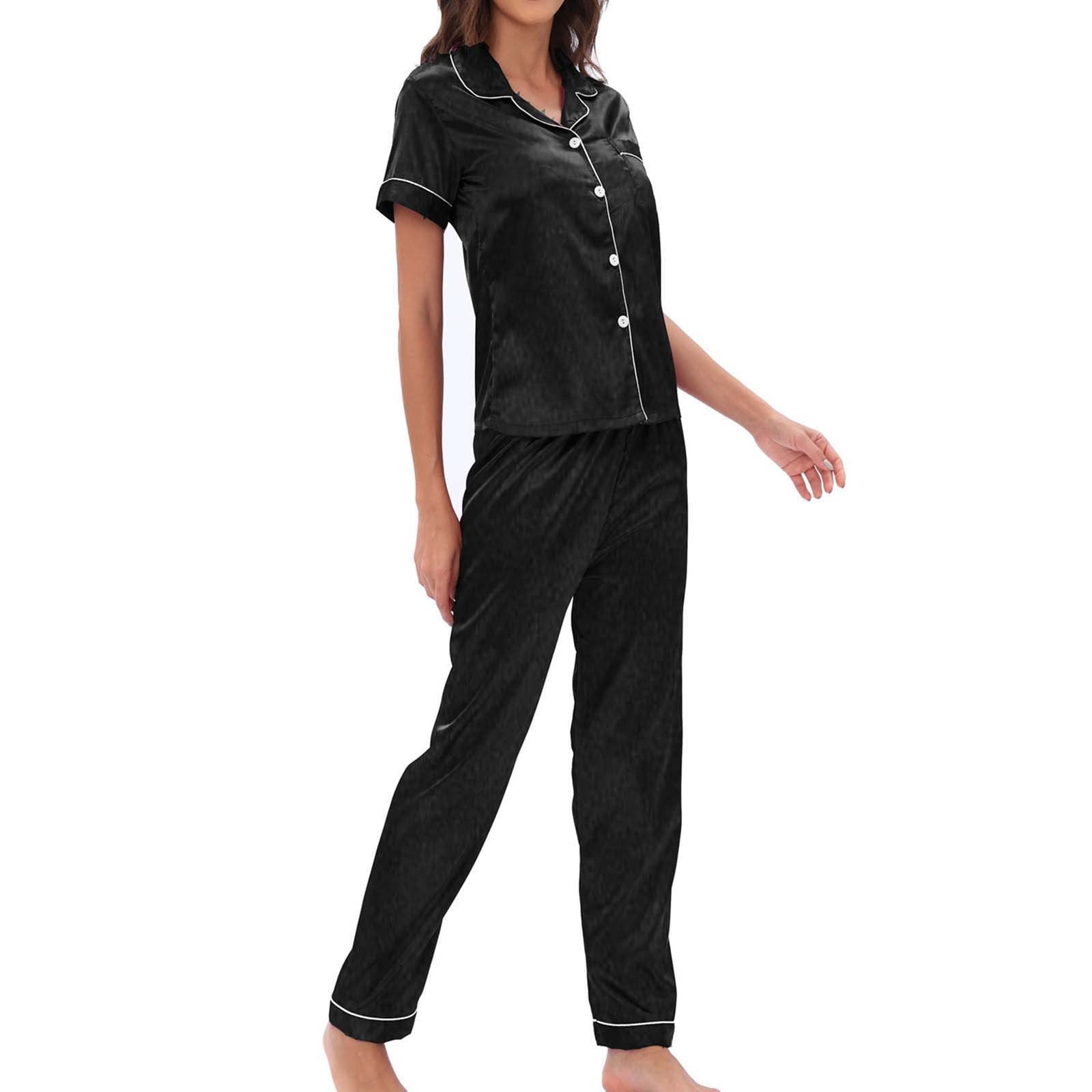 Akklian Silk Pajamas for Women Satin Two-Piece Loungewear Short Sleeve Sleepwear Button down Pj Lounge Sets with Long