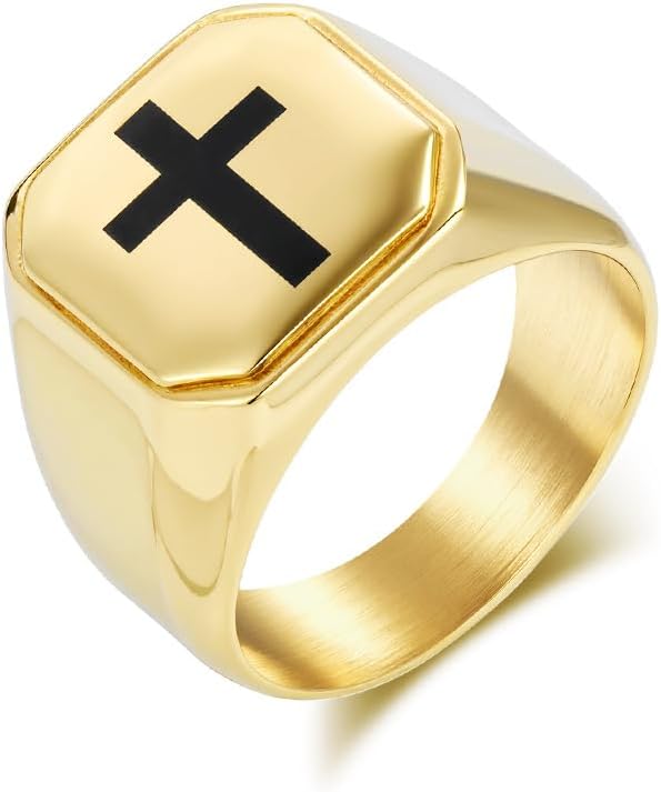 Cross Ring for Men Vintage Religious Christian Prayer Holy Ring Catholic Minimalist Polished Stainless Steel Signet Band Size 8-11