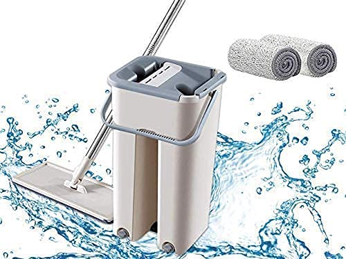 Image of Heavy Quality Floor Mop with Bucket, Flexible Kitchen Tap Flat Squeeze Cleaning Supplies, 360 Flexible Mop Quiet, 2 Reusable Pads, Microfiber, Adjustment Office Home, Room (White)