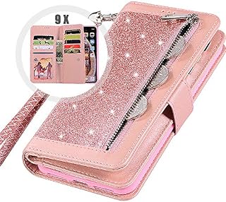iPhone 6S Plus Wallet Case with Strap for Women,Auker Bling Glitter Leather Trifold