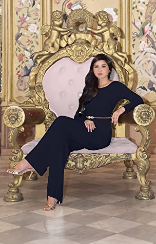 Koh Koh Plus Size Womens Long Sleeve Sleeves Wide Leg With Belt Formal Elegant Cocktail Party Fall Pant Suit Pants Suits Jumpsuit Jumpsuits Romper Rompers, Dark Navy Blue 3Xl 22-24 #TOP2