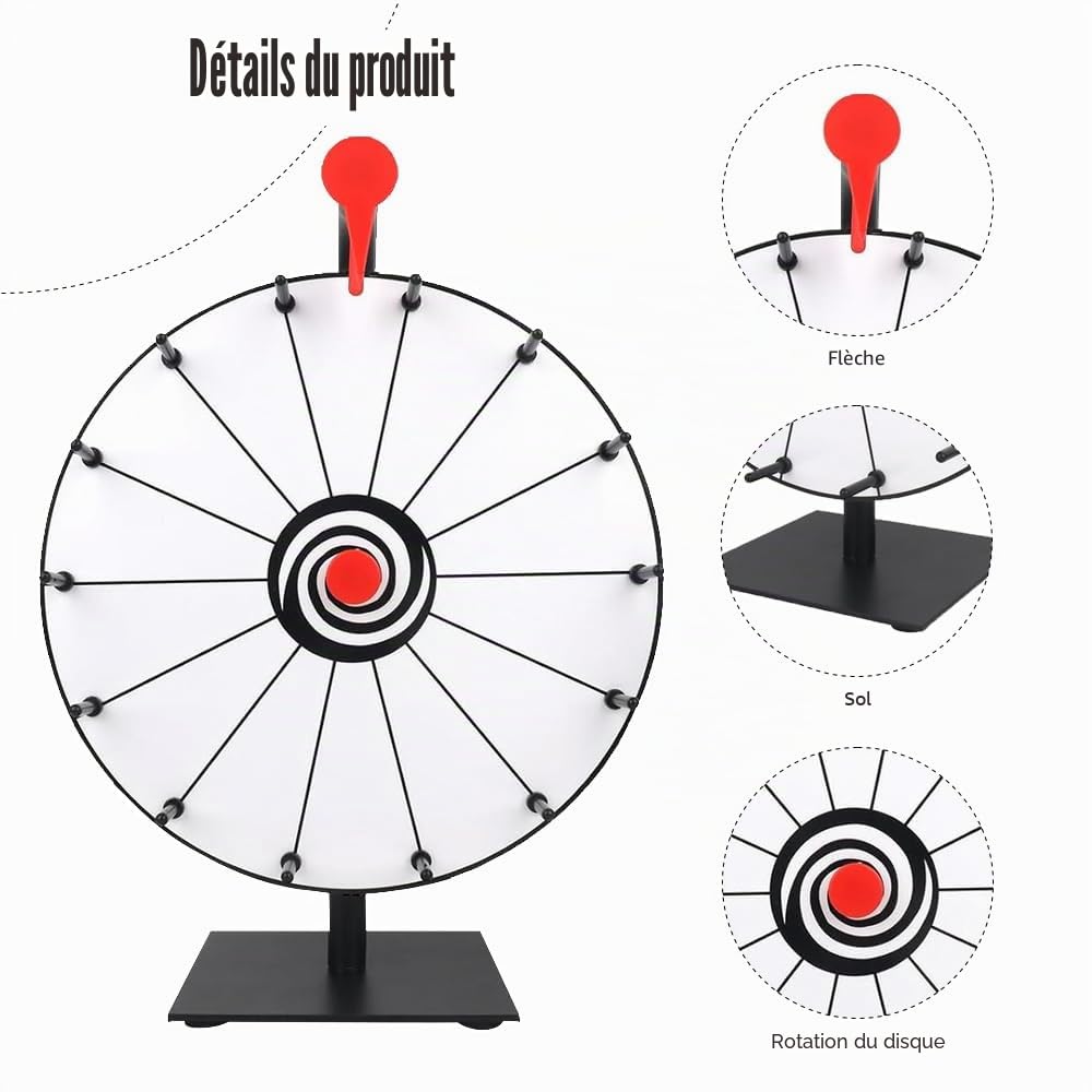 Roue de La Fortune,30cm Roue de la Chance avec 14 Emplacements,Roues de Loterie avec Gomme et marqueur,Roues de Prix Tournante pour Jeux de Loterie,Jeux de Mots Carnaval,Fête Noir et Blanc