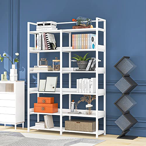 Tmosi Bookshelf Double Wide 6 Tier Bookcase, 70.8 Inch Tall Open Display Shelves, Wood Storage Rack Shelf With Metal Frame For Home Office, Bedroom, Living Room, White #TOP25