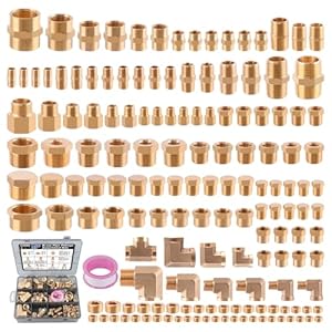 156PCS Brass Pipe Fittings Assortment Kit 1/8″ 1/4″ 3/8″ 1/2″ 3/4″ NPT Adapter,Reducer Bushing, Hex Nipple, Reducing Hex Coupling,Hex Head Plugs,Street Elbow,Street Tee,Socket Plug