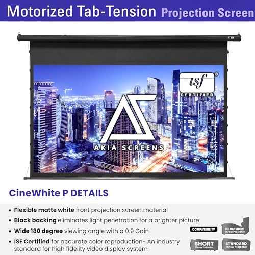Image of Akia Screens 120 Inch Motorized Tab Tension Projector Screen, 16:9 Retractable Projection Screen, UST, Short & Standard Throw Compatible, 4K Indoor Home Theater Screen, Black Case, AK-ELT120H.
