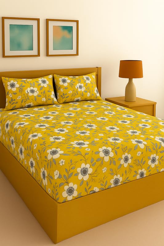 Image of Yellow Bright Floral Print Fitted Bedsheet | Glace Cotton 140 TC | King Size (72x78 inch) with 2 Pillow Covers (18x28 inch) | Deep Pocket up to 10 Inches - Soft & Comfortable