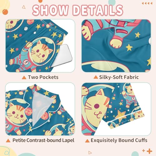 senya Happy Kittens Wearing Space Satin Summer Pajama Sets Silk Short Sleeve Button Down Sleepwear3