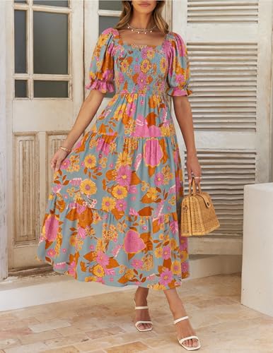 Image of ZESICA Women's 2026 Summer Boho Floral Print Dress Square Neck Ruffle Swing Beach Vacation Long Maxi Dresses