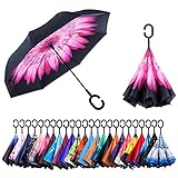 NewSight Reverse/Inverted Double-Layer Waterproof Straight Umbrellas, Self-Standing & C-Shape Handle & Carrying Bag for Free Hands, Inside-Out Folding for Car Users (Pink Flower)