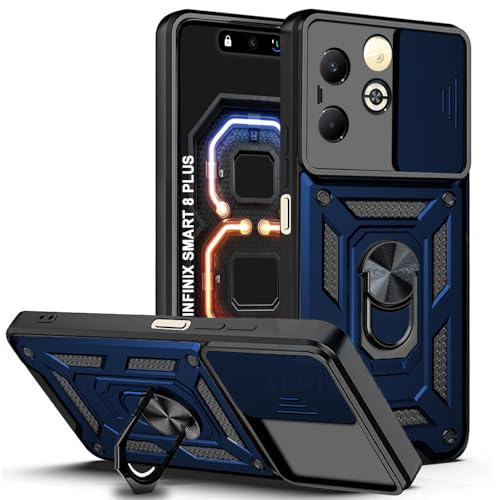 Image of AESTMO Tough Armor Infinix Smart 8 Plus Bumper Back Case Cover | Ring Holder & Sliding Camera Shield Cover | 360 Degree Protection Back Case Cover for Infinix Smart 8 Plus (Blue)