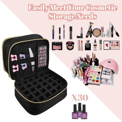 ADERTOS Nagellack Aufbewahrung Tasche Doppelschicht Nagellacktasche Schwarz Nagel Taschen Nagellack Organizer Wasserdicht Nagellackaufbewarung Tasche Nylon Kosmetiktasche für 30 Flaschen Nagellampe